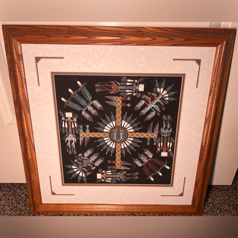 VTG Indian Native American Navajo Sand Art Painting Signed Wood Framed Black 20”